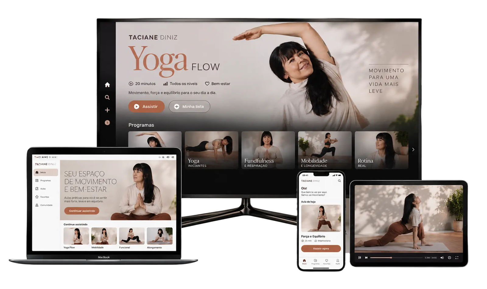 Plataforma do Flow Club aberta em TV, notebook, celular e tablet